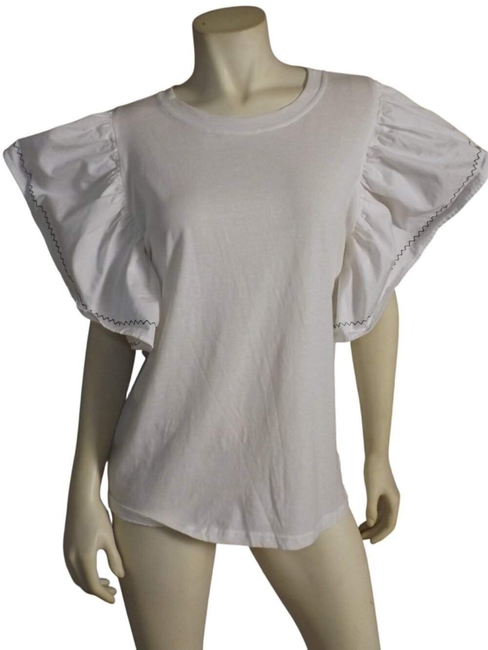 POL Top, L, White jersey, Crisp Statement Shoulders, Black stitching, Rayon, Tee